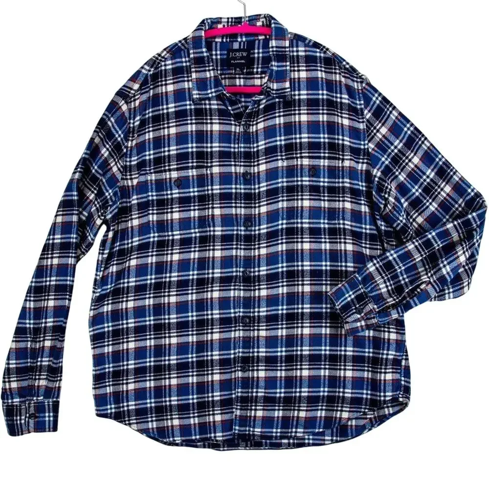 Men’s XL Flannel Shirt Blue Plaid 100% Cotton Long Sleeve Button Up J.Crew